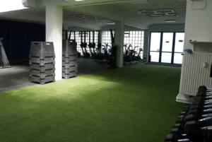 leerer kursraum rasenfläche gewichte cardiogeräte